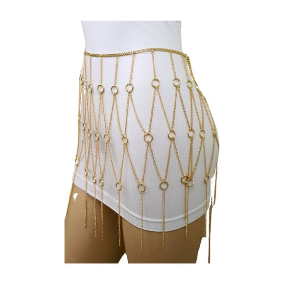 Women Gold Metal Chain Circle Rings Skirt Long Tassel Sexy Belt High Waist S M - Picture 9 of 17